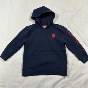 Carhartt Hoodie Kids Size Small 8-10 Navy Blue Red Sleeve Logo Fleece Pullover